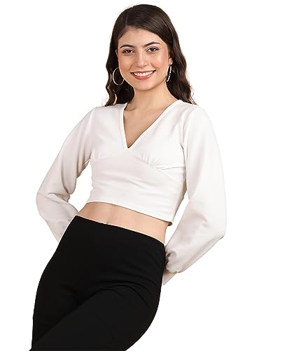 Image of POPWINGS Women Casual Self Design Rust Deep V Neck Full Sleeve Crop Top | Women Tops | Women Regular Tops | Women Tops | Women Stylish Tops