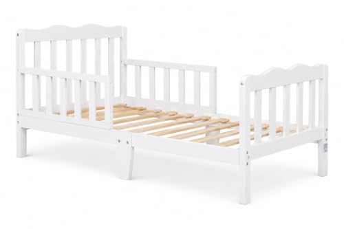 WSG Toddler Bed with Safety Rails White Wooden Kids Bed Frame Low Floor Design Non-Toxic Pinewood Easy Assembly Toddler Bedroom Furniture for Boys & Girls