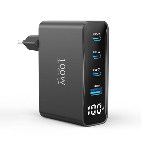 100W USB C Ladegerät, 4-Port Schnellladegerät mit LED Display, USB-C Netzteil GaN Charger PD/PPS für MacBook Pro/Air, fü...