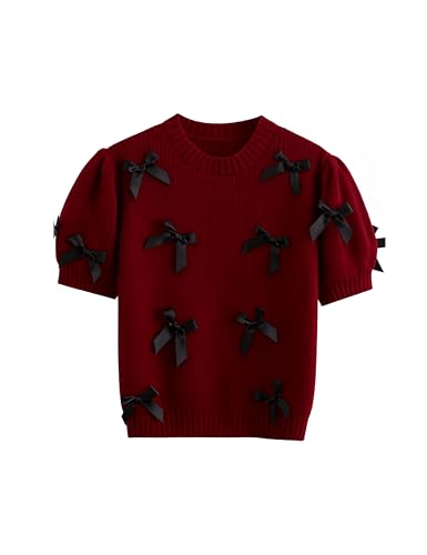 Image of Women's Sweaters Knitted Crewneck Puff Bubble Short Sleeve Pullover Tops Casual Bow T Shirts Chic Blouses