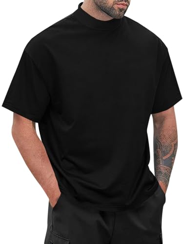 Wihion Men Turtleneck Mock Neck T Shirts Short Sleeve Ribbed High Neck T-Shirt Tee