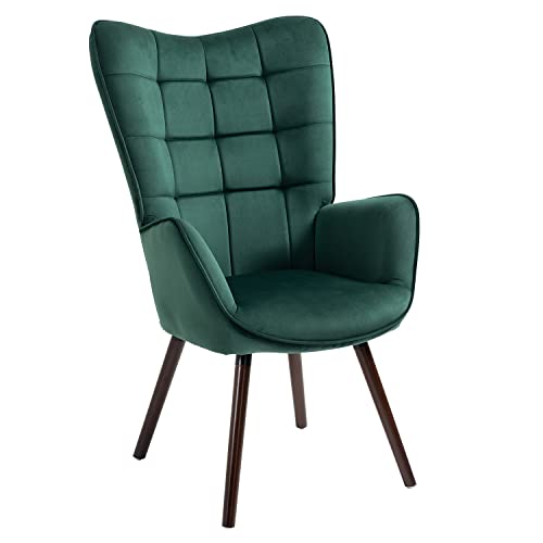 MEUBLE COSY Escandinavo salón Butaca nórdica sillón Acolchado con Reposabrazos y Patas de Madera, Terciopelo, Verde, 66x71x109 cm