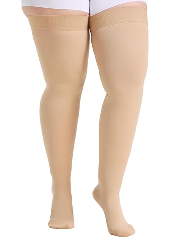 Image of Thigh High Compression Stockings 20-30mmHg Closed Toe - Extra Wide Calf Support for Varicose Veins & Pregnancy, Non-Slip Band, Size 4X-Large, Beige