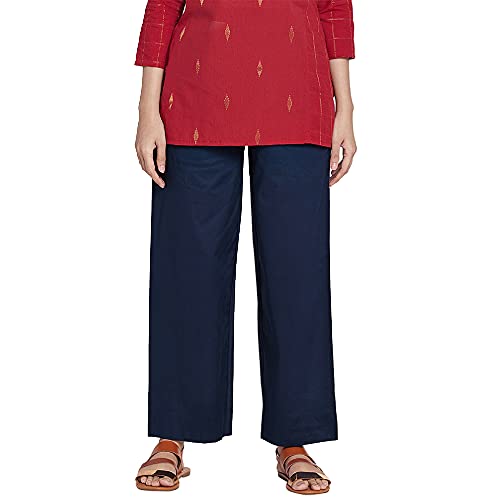 Image of GO COLORS Women Blue Stripe Cotton Wide Pants