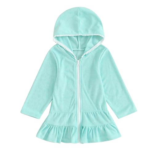 Girls Swim Cover Up Kids Toddler Swimsuit Coverup Terry Zip-Up Beach Bathing Suit Long Sleeve Hooded Ruffle Dress2