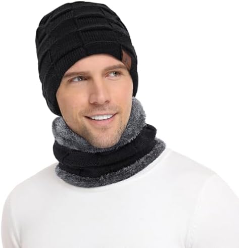 Bequemer Laden Winter Beanie Mütze Herren Loop Schal Warm Set Gefütterte | 2 Stück Thermo Wintermütze Herren Schlauchschal Set Doppellagige Strickmütze Rundschal Winterschal Männer