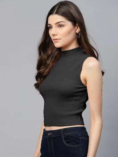 Image of ADBUCKS Women's Sleeveless Ribbed Cotton Mock Neck Top | Mock Neck Fitted Crop Top | Casual & Stylish - Sizes XS to XL