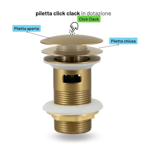Miscelatore Monocomando Bagno Serie Jazz Quickinstall Piletta Click Clack Leva In Metallo Cartuccia Ceramica Design Moderno Oro Matt Satinato Spazzolato (Coppia Lavabo Bidet) - 5