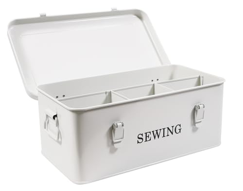Xbopetda Organizador de costura de metal, cesta de costura de 4 compartimentos con cerraduras de seguridad, caja de almacenamiento para hilo, tijeras y alfileres (blanco)