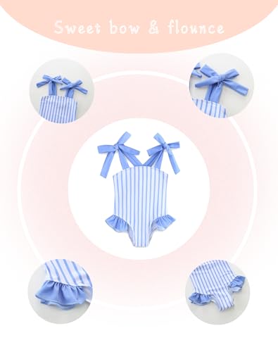 Image of Summer Little Girl Bathing Suit Ruffle One Piece Swimsuits Quick Dry Beach Swimwear for Girls 6-7T Blue Stripe