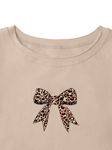 Image of Girls Graphic Tees Crewneck Short Sleeve Shirt Leopard Bow Cute Summer Tops Khaki 7-8 Years