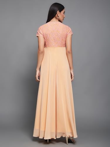 Image of Miss Chase Women's V-Neck Full Sleeve Self Design Lace-Overlaid Georgette Maxi Dress
