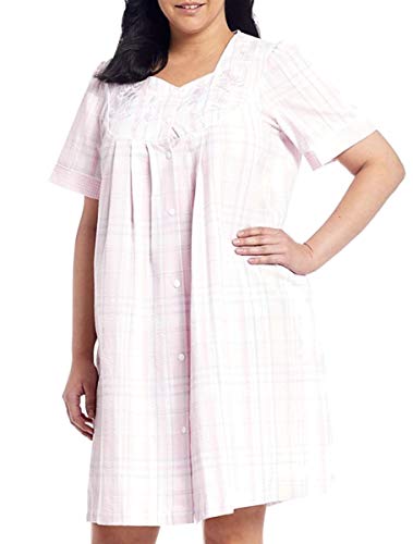Miss Elaine Plus Size Seersucker Snap Front Short Robe 858639DX (3X) Pink/Grey