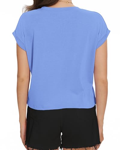 Image of Womens Crop Tops Summer Roll Cap Sleeve Cropped Tshirt Loose Fit Basic Tees