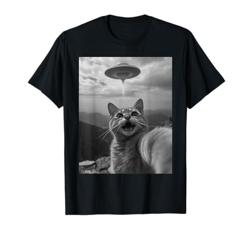 Cat Selfie With Alien UFO Tee Funny Selfie Cat Maglietta