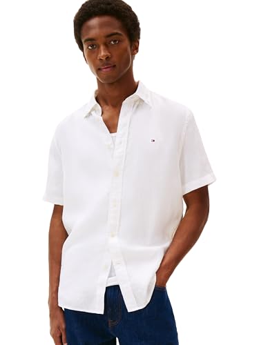 Tommy Hilfiger Men's Pigment Dyed Linen Regular Short Sleeve Shirts, White Large