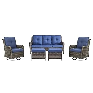 5 Piece Outdoor Patio Furniture Set Rattan Wicker Patio Conversation Sets with 2 Swivel Rocker Chairs2 Ottomans and 1 Sofa for Outside Porch Deck BackyardMixed GreyBlue