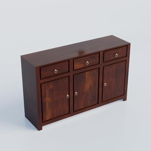 Image of Solid Sheesham Wood Sideboard Cabinet Storage with 3 Door & 3 Drawer Wooden Storage Organizer Cabinet for Home Kitchen Living Room Bedroom Hallway Dinning | Walnut Finish | Pre-Assembled