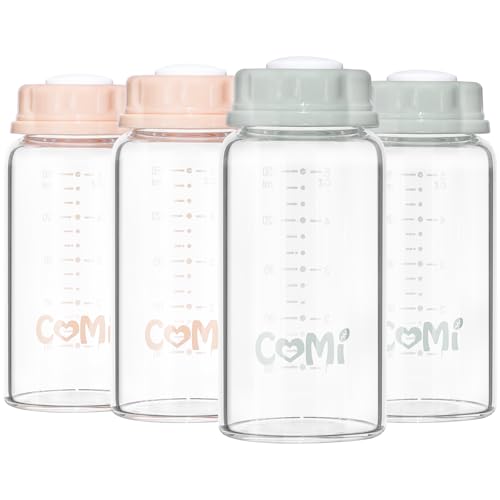Image of COMI Natural Glass Baby Bottle,Standard Neck Breastmilk Storage Bottle for Fridge,Breast Milk Container,Breast Pump Bottle Compatible with Medela Breast Pump,BPA Free,4PCS (5oz, 2 Gray+2 Pink)