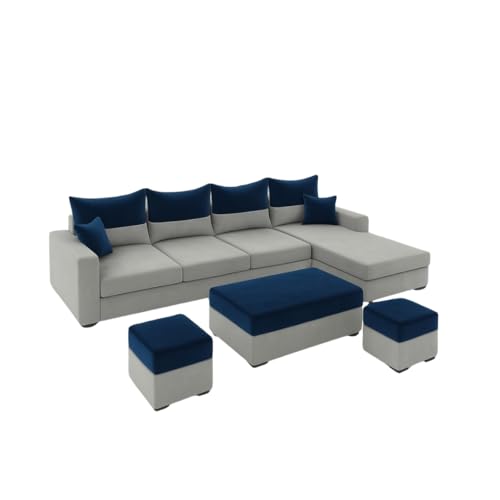 Image of FURNY Premium Huster 8 Seater Fabric RHS L Shape Sofa with 2 Ottoman + 1 Centre Table Ottoman Set for Living Room | with Velvet Fabric in Dark Blue & Light Grey