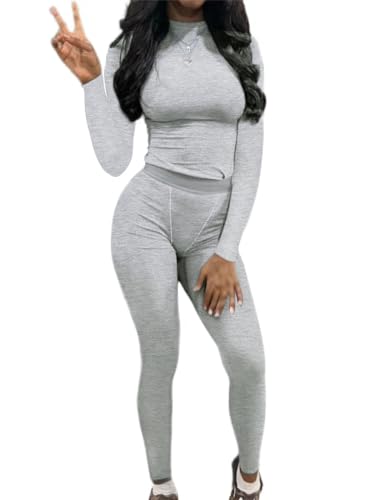 AYWA Women's 2 Piece Outfits Ribbed Long Sleeve Fitted T-shirt High Waist Leggins Shorts Casual Matching set (Light Heather Grey, Small)