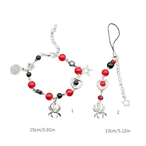 Image of Bracelet /Phone Chain Customizable Jewelry with Unique Beaded Design, Matching Star and Spiders Charm, 13cm, Red
