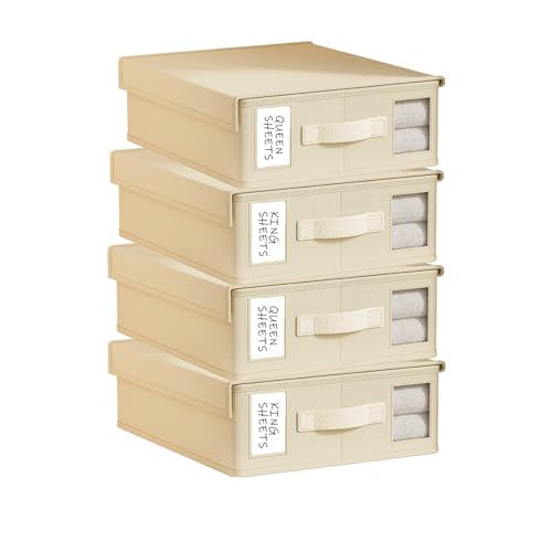 Tuza 4 Pack Bed Sheet Organizers and Storage, Foldable Linen Closet Organizer (Queen & King Size), Sheet Set Organizers with Window, Bedding Storage Box for Bedsheets, Duvet Covers and Blanket, Beige