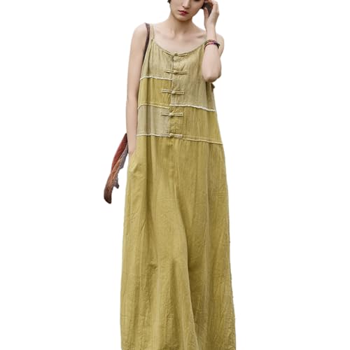 Women's linen patchwork handmade buckle long skirt fashion suspender skirt 2025 summer (US, Alpha, One Size, Regular, Regular, Yellow) - Main Image