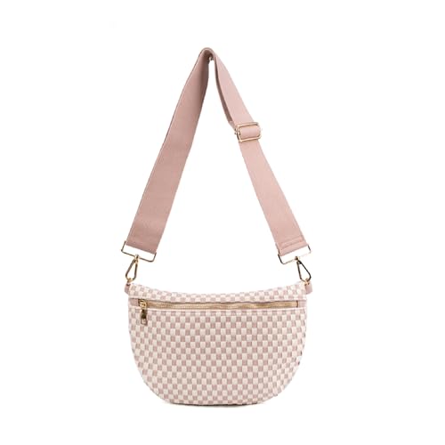 Babs + Birdie The Fiona | Bolsa de tecido | Bolsa tiracolo de tecido elegante | Alça ajustável para festivais de viagem e todos os dias, Xadrez rosa claro, Casual