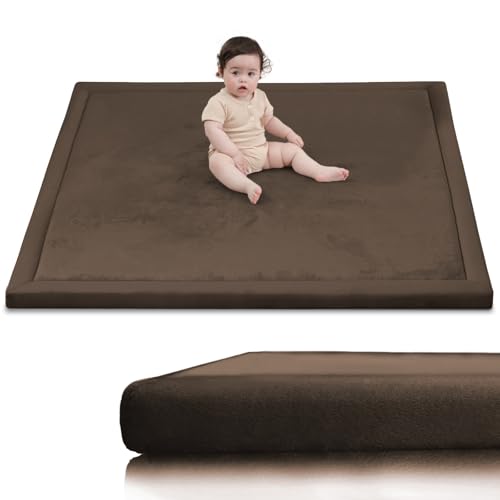 Image of Huloo Sleep Ultra Soft Baby Play Mat for Floor,1.3 inch Thick Elasti-Foam 47x47 Play Mat for Playpen,Water-Repellent Coral Velvet for Tummy Time, Non-Slip Backing Safe for Toddlers & Infants(Dark Brown)
