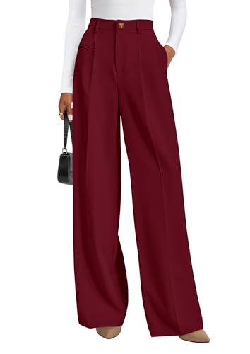 PRETTYGARDEN Women's Tailored Wide Leg Work Dress Pants,Burgundy,M