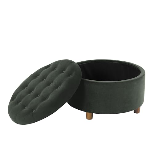 Image of HomePop Home Decor | Large Button Tufted Velvet Round Storage Ottoman | Ottoman with Storage for Living Room & Bedroom, Loden Green Velvet, 28 inch