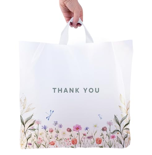 Purple Q Crafts Thank You Bags for Business and Stores 50 Pack 18 W x 18 H Floral Plastic Shopping Bags With Soft Loop Handle