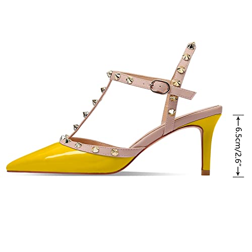Image of XINIUNIU Studded Heels for Women Kitten Heels with Studs Stiletto Sandals with Rivet Ankle Strap Patent Leather Pointy Toe 2.5 Inch Party Daily Wear Evening Sandals