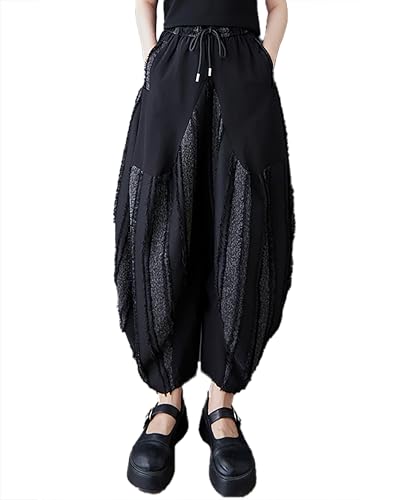 ellazhu Women's Pants Irregular Stripe Contrast Color Patchwork Elastic Wasit Harem Pant with Pocket GZ492