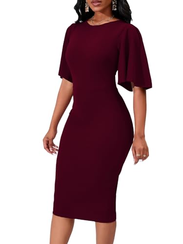 Image of WanMem Womens Basic Bodycon Ruffle Flared Short Sleeve Pencil Midi Dress