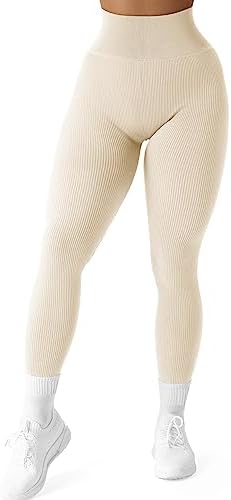 SUUKSESS Women Ribbed Seamless Leggings High Waisted Workout Gym ...