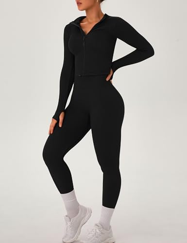 OLCHEE Womens Workout Sets 2 Piece Seamless Ribbed Long Sleeve Yoga Outfits High Waist Leggings Zipper Jacket Thumb Hole Gym2