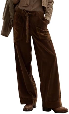 EZAPINE Women's Corduroy Pants Straight Leg Elastic High Waist Be...
