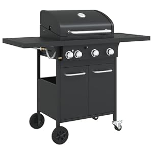 vidaXL Gasgrill mit 4 Flammen, Grillwagen mit Piezo-Zündsystem Thermometer, Gartengrill mit Rädern Stauraum, Grillstation, Schwarz Pulverbeschichteter Stahl
