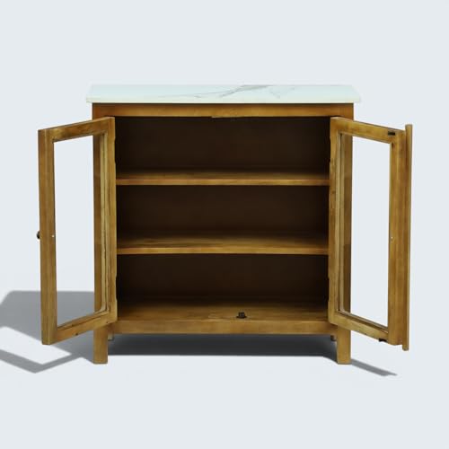 Image of Solid Wood Madrid Crockery Cabinet (S) | Display Cabinet with Sintered Stone Top | Finish- Scratch Resistant Light Brown