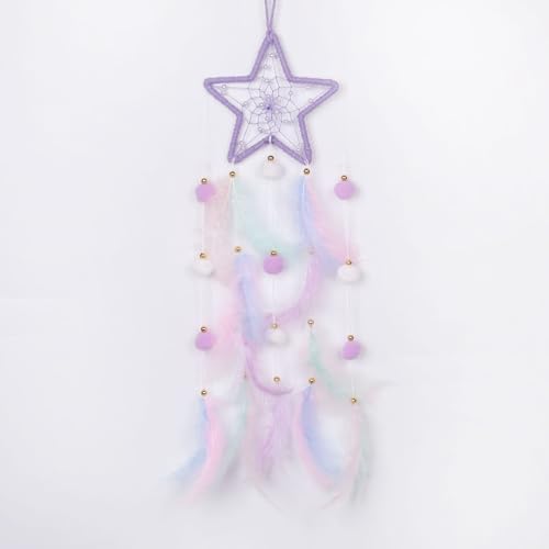 Image of Pretty Jolly Purple Star Kids Dream Catcher Wall Decor Pompom Feather Baby Dreamcatcher Handmade Children Dream Catcher Home Décor Wall Hanging for Nursery Bedroom Boys Girls Birthday Gift-25.6in