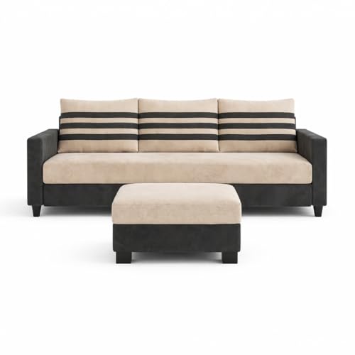 Image of Cavina 4 Seater L Shape Sofa Set with Movable Ottoman | Flexible Left or Right Layout | Luxury Velvet Suede Fabric | Modern Living Room Sofa | Dark Grey-Cream