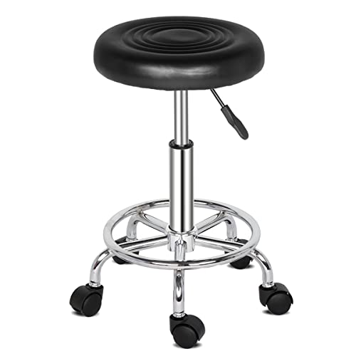 XIAOSENLIN PU Leather Round Rolling Stool with Foot Rest Swivel Height Adjustment for Spa Drafting Salon Tattoo Work Office Massage Stools Task Chair