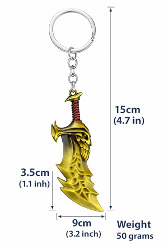 Image of BLUE WARRIOR God of war keychain (gold)- Fantasy Winged Dagger Keychain - Antique Gold Mini Sword Key Ring with Red Handle - Metal Collectible Key Holder for Men, Women, Gamers & Gift Giving