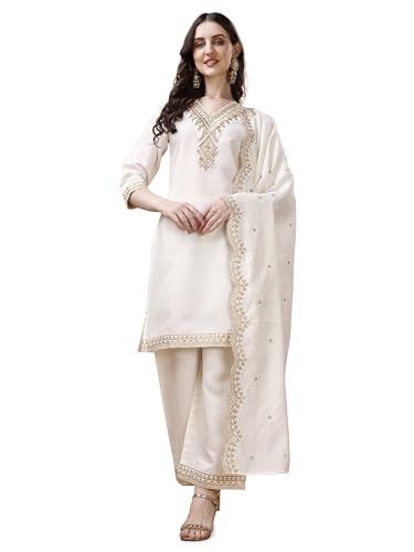 Image of Pratham Blue Kurta Set for Women Silk Embroidered Straight Kurta Set for Women with Palazzos and Dupatta