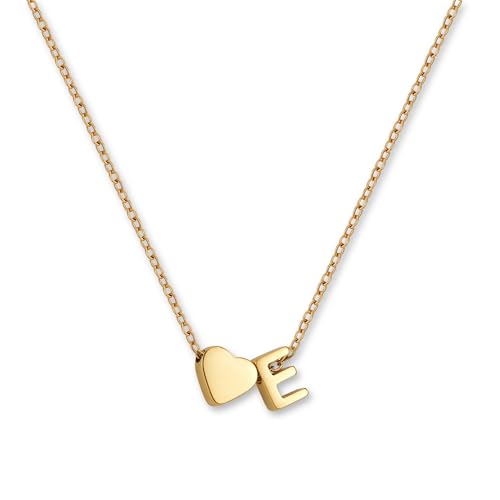 GD GOOD.designs Collar con letra E y colgante de corazón | Collar personalizado de acero inoxidable 316L chapado en oro de 18K | Collar ajustable para mujer 42–47 cm