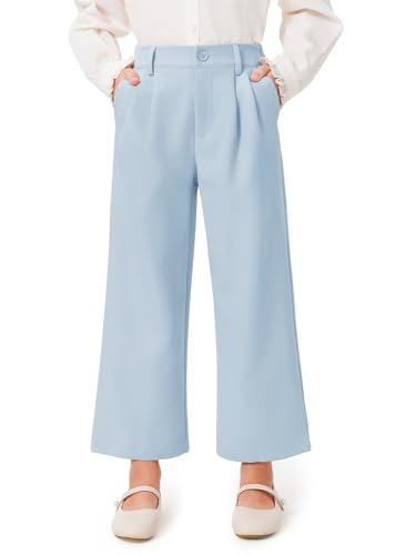 Image of Haloumoning Girls Uniform Pants Kids High Waisted Wide Leg Dress Pants Casual Trousers with Pockets 5-14 Years