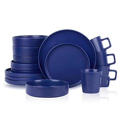 Image of Stone Lain Cleo Stoneware 16-Piece Modern Dinnerware Set, Plates and Bowls, Blue, Service for 4, Microwave & Dishwasher Safe