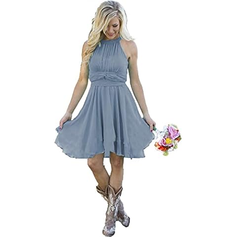 Faxpox Women's Junior Bridesmaid Dresses Knee Length Country Bridesmaid Dress Western Wedding Guest Dress Wedding Party Prom Gowns Dusty Blue US0 Cover